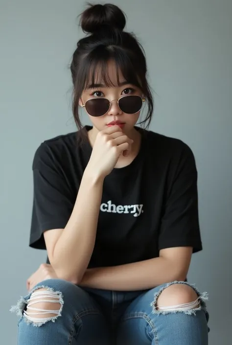 Wide angel view, full body photography A beautiful Korean woman a fat and chubby, full body, Messy Bun hair with bangs, wearing sunglasses, wearing a black t-shirt it says "Cherry" clearly and in detailed, ripped jeans, Seen sitting with a pouting mouth, b...