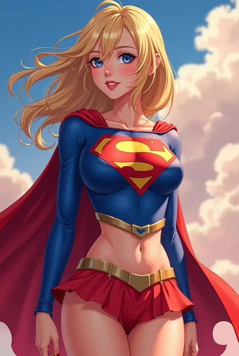 Supergirl reimagined as an Anime Bishoujo. Breasts, Large breasts, Extra large breasts, Exposed midriff, 