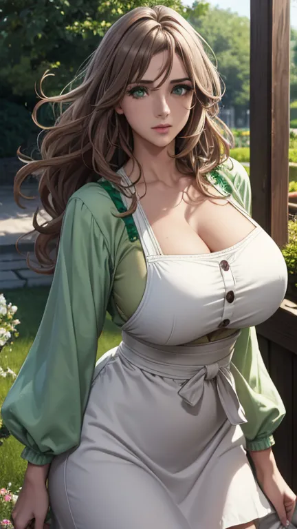 big breasts , italian lady, model, messy open hair, hair floating, green color full sleeve clothes, brown skin, white apron, ope...