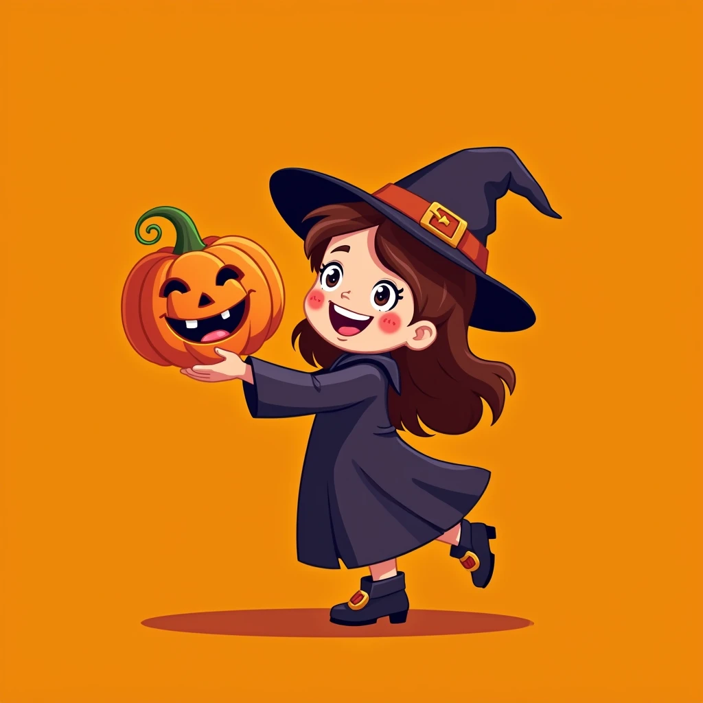 In a cartoon, a very smiling little witch offers us a pumpkin that is also very smiling., simple orange background ,