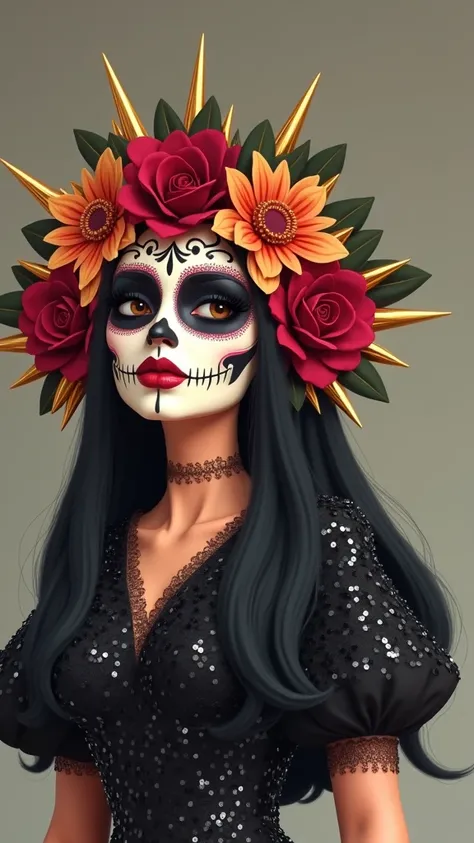 Woman 30 years old, black long straight hair, wearing sequined short sleeve covered with shoulder pad black mini dress and catrina black makeup with red lipstick, wearing red, burgundy and gold flowers with gold flowers spikes crown.

White background. 

P...