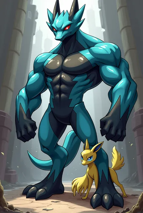 Lucario Futanari ,  with double horse penis,  condom on your penis filled with semen, genes Ben 10s Four Arms | Tetramand species, 60 cm ,  penis accompanied by a girl Braixen,