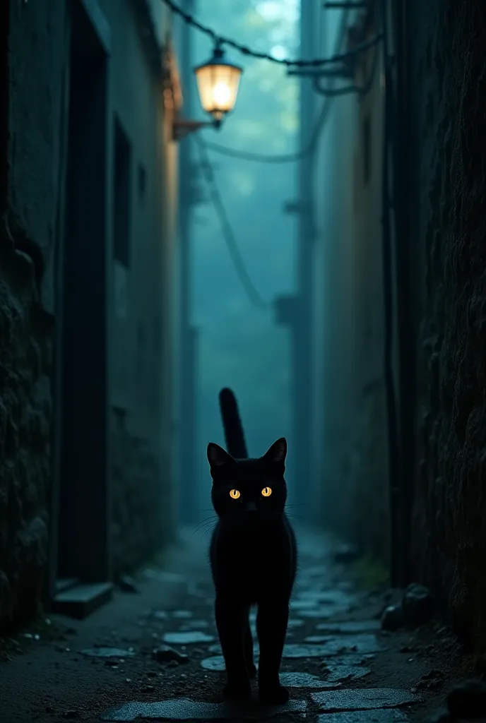 a dimly lit, mysterious alleyway glows with an otherworldly aura, as a sleek black cat pads softly through the shadows. the air ...