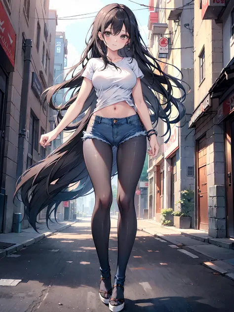 (((anime styled girl))), (full body), long_hair, black hair, smile, rating_questionable, looking at viewer, medium breasts, gorgeous, slim city girl, alone on the street, (thin and slender). Slim woman. Perfect slim. 20y girl, (white shirt), (((denim short...