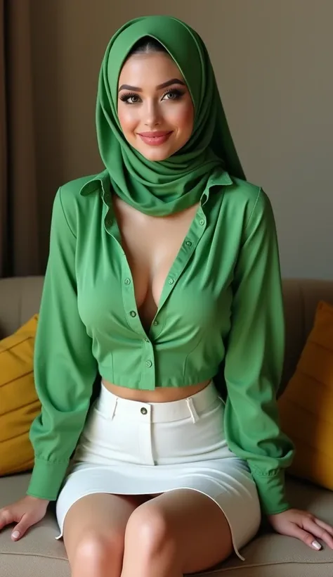 Photorealistic hijabi woman, ((smooth skin)), ((pale skin)), smooth legs, pinkish red lipstick, perfect eyelashes, smokey eyeshadow, thin waist, big ass, wide hips, volumy lips, tight bright unbuttoned green shirt with bra underneath, tight sleeves, tight ...