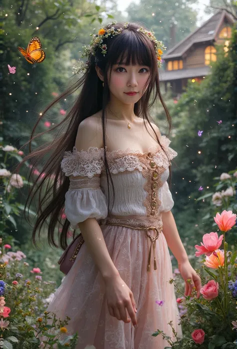 A stunning anime poster showcasing a captivating East-Asian femme fatale at the center, exuding an air of mystery and allure. She is an East-Asian woman with delicate, enchanting features, wearing a beautifully intricate cottagecore outfit, featuring delic...