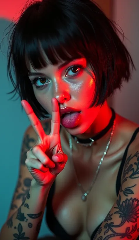 a teen lesbian babe with short shaggy bob hairstyle, tattoos, punk, beautiful detailed eyes, beautiful detailed lips, extremely detailed eyes and face, long eyelashes, taunting the viewer with v-sign fingers and her tongue mimicking cunnilingus, leaning fo...