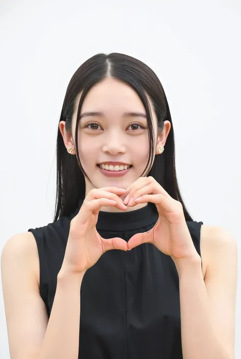 She is in a pose wearing a black camisole, making a firm big heart shape with both hands, and holding it in front of her chest, Cute smile up、Monotone background

