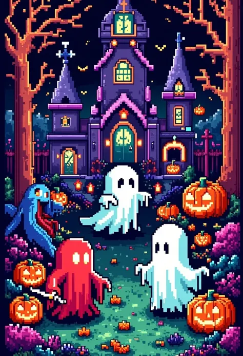 retro pixel game, halloween ghost battle, dark style, high saturation color matching, ethereal and weird background, cover art, ...