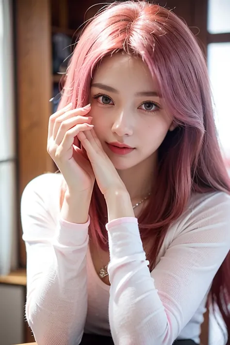 ((Best Quality、photograph、 real、live-action))、((  one beautiful woman 、Her hair is pink、Hot pink very long hair ))、( Bright Pink Long Hair,)、 shyly hides her face with her hands、 clear white skin 、indoor、Wide neckline and long sleeves、 necklace 、