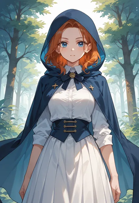 blue eyed redhead, wearing a white dress vest, with a light blue shirt, a white skirt and a navy blue hooded cape
