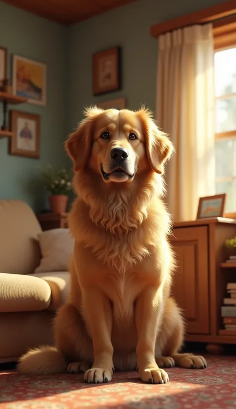 a very hairy golden dog. Hes in the living room of a house