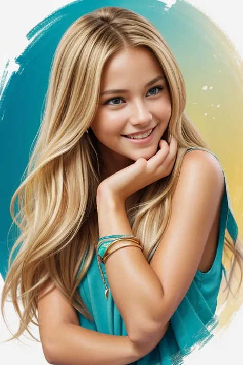 a cheerful  with log blond hair and long blonde hair is depicted in this artwork. the  is barefoot and wearing a bracelet on the...