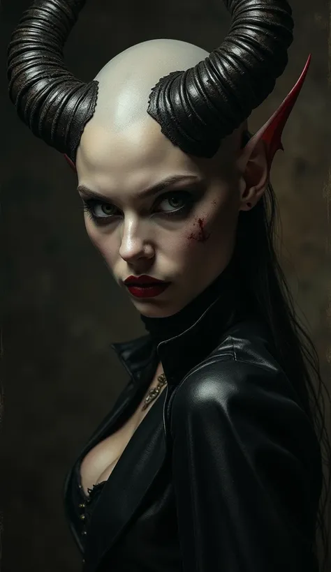 professional portrait close up ; creepy horror , sensual female demon, bald hair,  twisted horns, dark lights, shadows, low ligh...