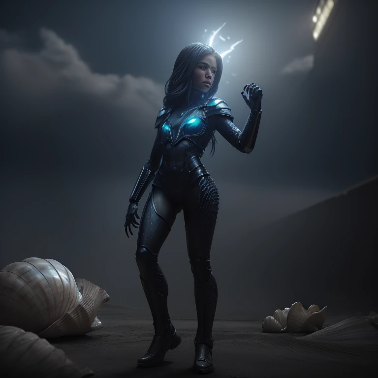 Cinematic, photorealistic, high-quality 8k lighting (detailed futuristic giant girl: 1.4), atmospheric environment, dramatic sky (detailed and realistic scales, claws and shell: 1.3), intricate mechanical details (dynamic action pose: 1.2), ruined cityscap...