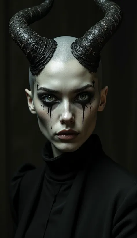 professional portrait close up ; creepy horror , sensual female demon, bald hair,  twisted horns, dark lights, shadows, low ligh...