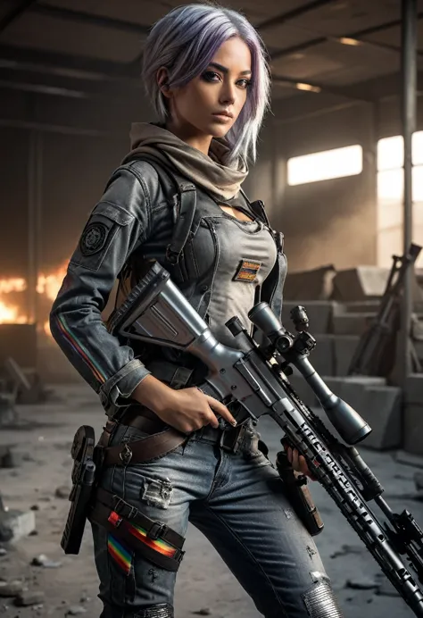 full body from head to toe, a post apocalyptic girl in a titanium suit and jeans with black side stripes, silver gray hair color...