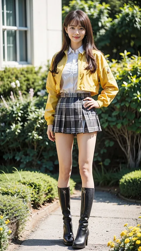 (8k、raw photo、best quality、masterpiece:1.2)、(realistic、realistic)、1 person、(( yellow jacket 、uniform、 plaid miniskirt、 garter be...