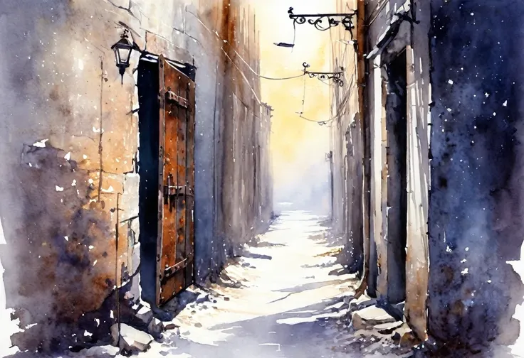 (watercolor),Mysterious Alley, Rusted Iron Door ,  Pale Moonlight ,  Nobody Alley , High Wall, Crumbling Building,  Quiet Night