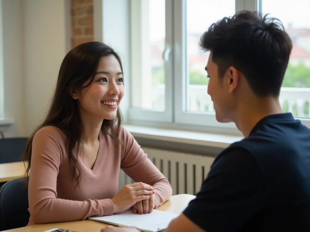 (photorealistic, masterpiece, high quality) a beautiful woman talking with a handsome man in class. hands on desk. near glasswin...