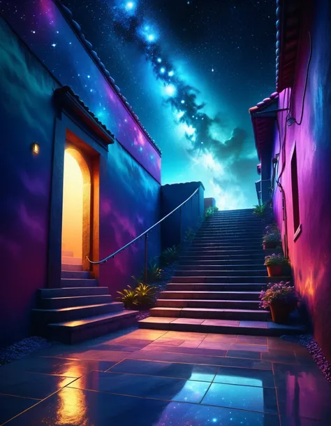 Alley leading to the stairway to heaven, mystical illustration, mystical lighting, moonlight, breathtakingly beautiful, (Floor surface is space), cosmic sky, space nebula, Gradient Universe background, mysterious environment, fantastic atmosphere, matte pa...