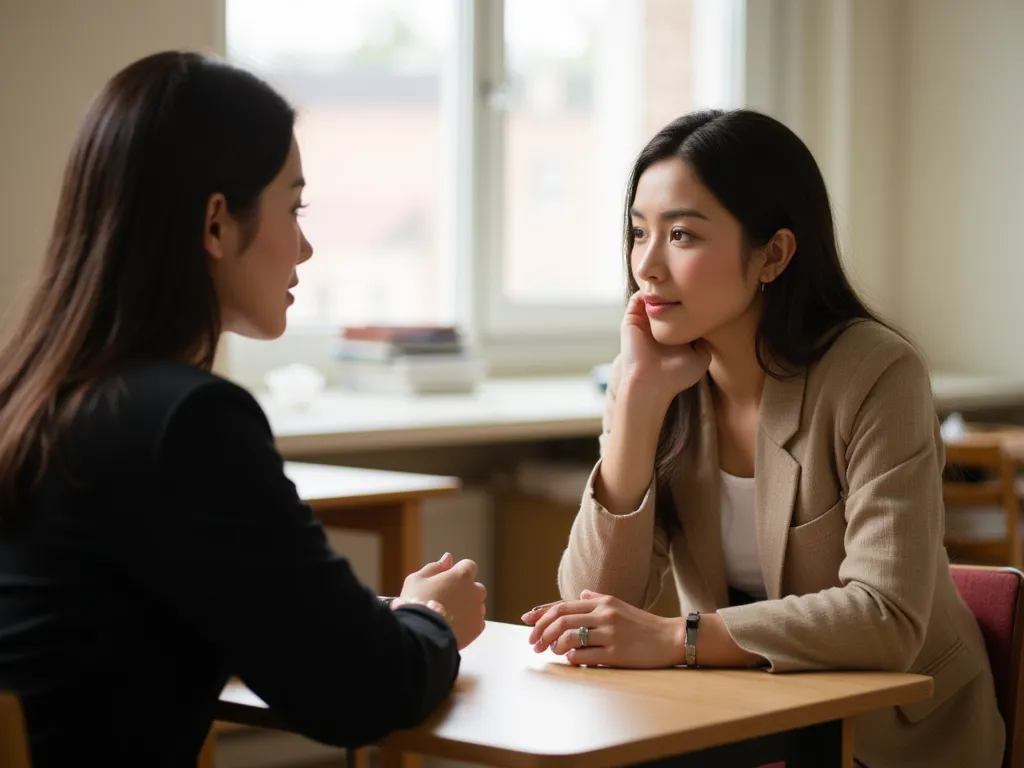 (photorealistic, masterpiece, high quality) a beautiful woman talking with a handsome man in classroom. hands on desk. near wind...