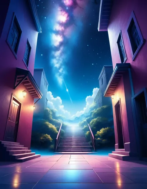 Alley leading to the stairway to heaven, mystical illustration, mystical lighting, moonlight, breathtakingly beautiful, (Floor surface is space), cosmic sky, space nebula, Gradient Universe background, mysterious environment, fantastic atmosphere, matte pa...