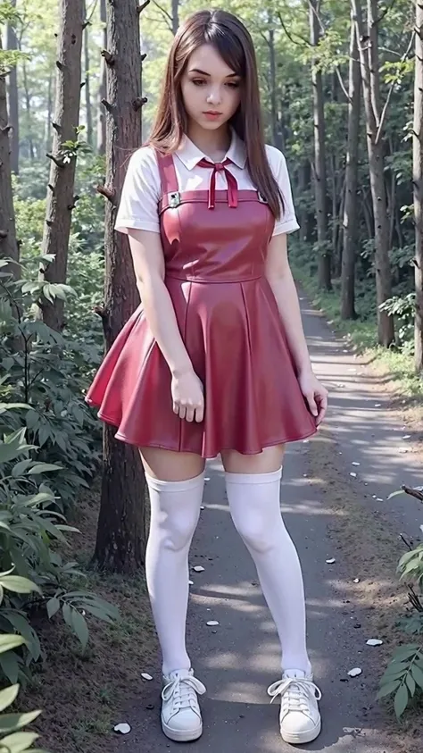 Cute  curvy beautiful teen   schoolgirl ,  beautiful  teen face, red leather skater pinafore dress ,  transparent white blouse, short sleeves, red silk tie , brunette long hair,  beautiful eyes. stockings,  Sneakers,  schoolgirl - standing in the wood,   p...