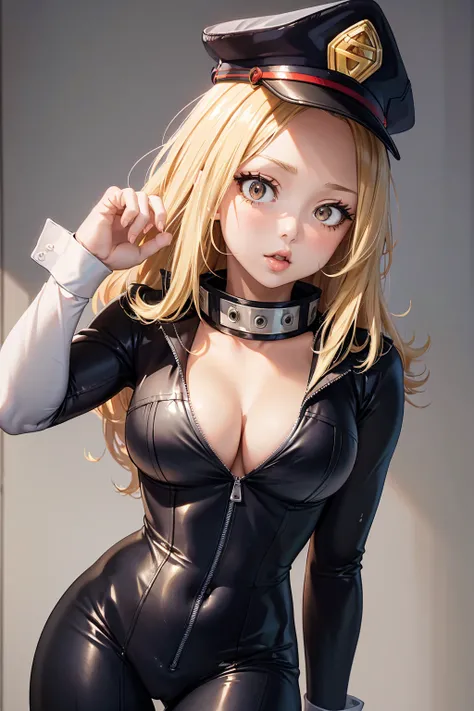 masterpiece , la mejor calidad, Cowboy Shotz Solo, 1 girl, Utsushimi Camie,  slim waist,  cleavage ,  hourglass figure , way, blonde, ojos marrones, latex costume (Very low cut  ) (Police cap) 