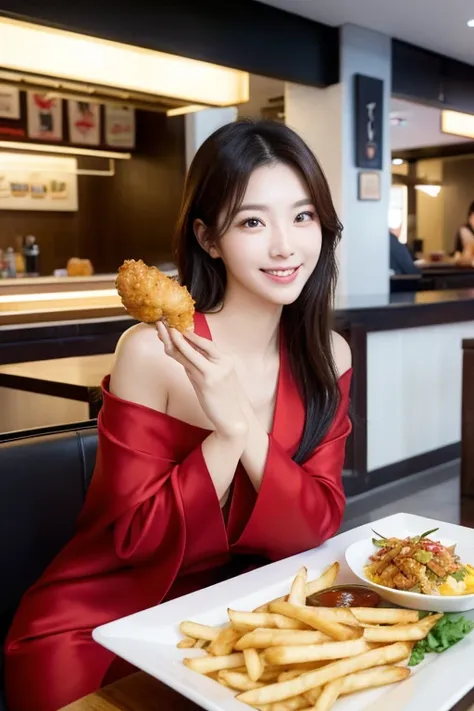 a professional photoshoot featuring a stylish korean female model beaming with joy as she enjoys a crispy, golden-brown chicken ...