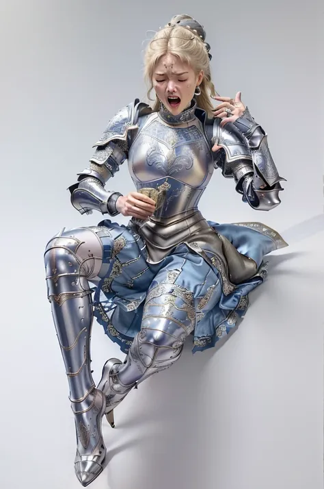 masterpiece, best quality photo, gray plain background, a beautiful female knight is screaming and sitting on floor, (fancy engr...