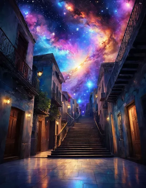 Alley leading to the stairway to heaven, breathtakingly beautiful mystical illustration, Divine Light, mystical lighting, divine, luminous, floating in the sky stairway to heaven, (Floor surface is space), cosmic sky, space nebula, Gradient Universe backgr...