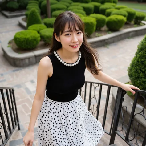 A highly detailed, photorealistic image of a young East-Asian woman ascending a set of outdoor stairs, set against a charming garden background. She is wearing a fashionable outfit with a sleeveless black top adorned with pearl-like embellishments around t...