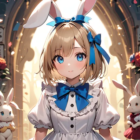 Yuuki Asuna, ((A  girl wearing a White Rabbit costume from Alice in Wonderland, tilting her head slightly to the left and staring curiously straight ahead)), ((The background is set to the world of Alice in Wonderland)), ((A cute expression that still reta...