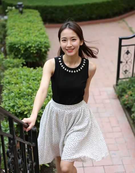 A highly detailed, photorealistic image of a young East-Asian woman ascending a set of outdoor stairs, set against a charming garden background. She is wearing a fashionable outfit with a sleeveless black top adorned with pearl-like embellishments around t...