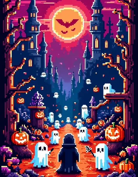 retro pixel game, halloween ghost battle, dark style, high saturation color matching, ethereal and weird background, cover art, ...