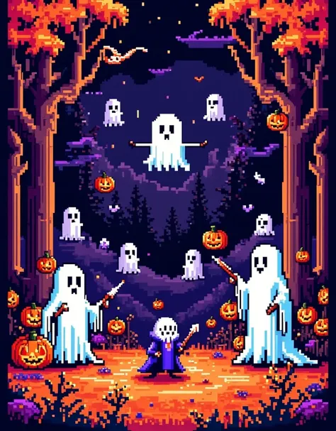 retro pixel game, halloween ghost battle, dark style, high saturation color matching, ethereal and weird background, cover art, ...