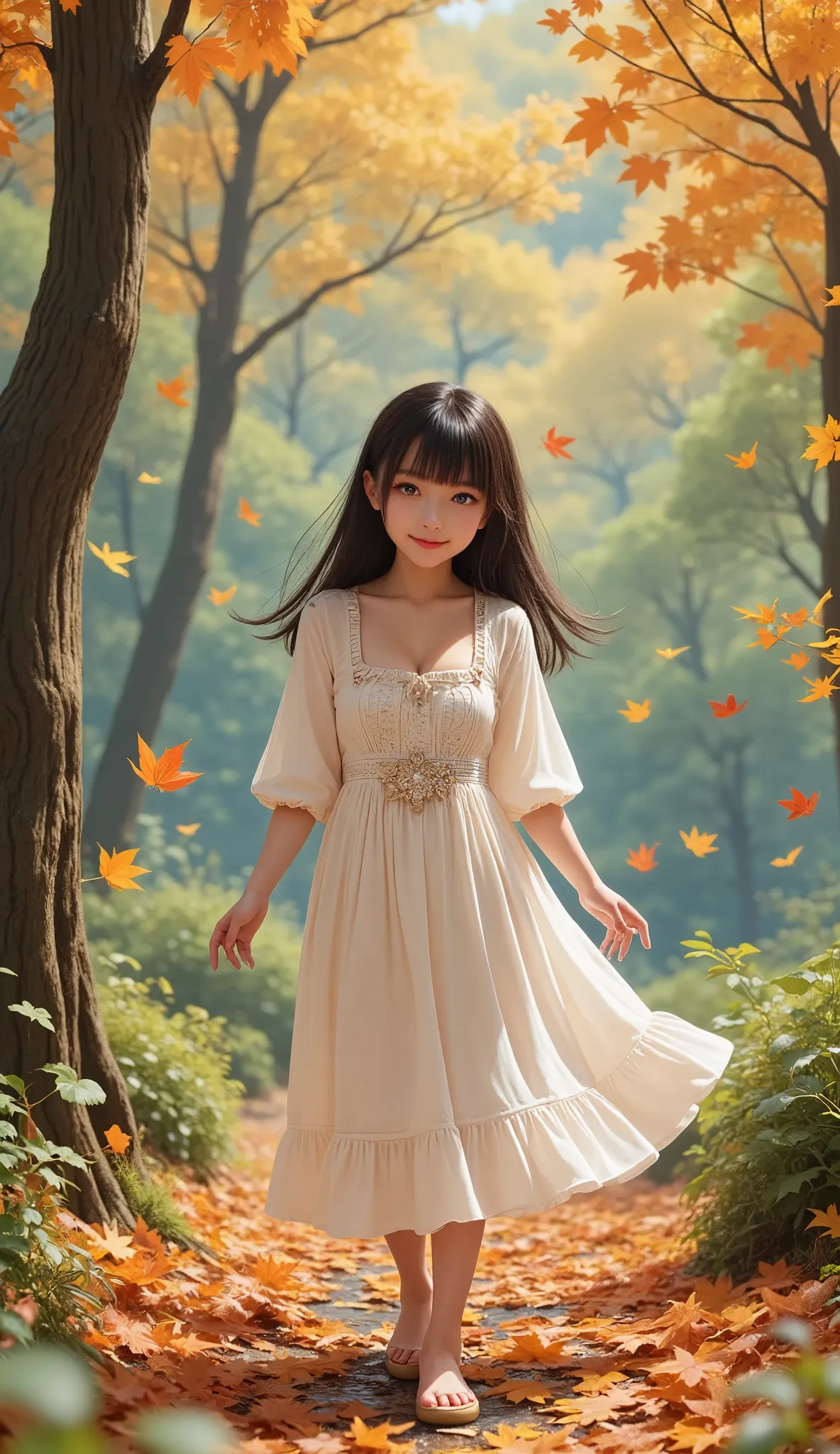 girl collecting fallen leaves、 falling leaves、 fantasy、anime