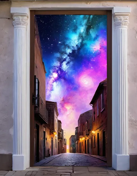 Alley leading to the heaven, An alley to heaven that stretches to the sky, The door to heaven at the end of the alley, breathtakingly beautiful mystical illustration, Divine Light, mystical lighting, divine, luminous, floating in the sky heavens door, cosm...