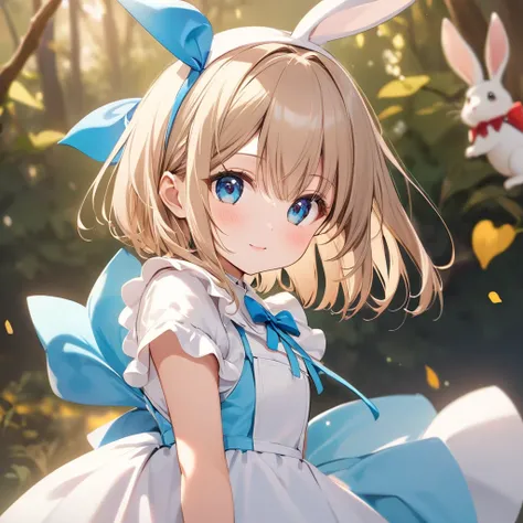 Yuuki Asuna, ((A  girl wearing a White Rabbit costume from Alice in Wonderland, tilting her head slightly to the left and staring curiously straight ahead)), ((A cute expression that still retains a hint of innocence)), ((The background is set to the world...