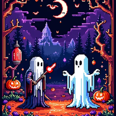 retro pixel game, halloween ghost battle, dark style, high saturation color matching, ethereal and weird background, cover art, ...