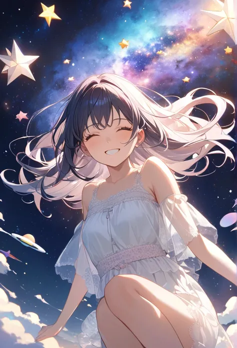  high detail,   super detail,  ultra high resolution, A girl having a good time in a dream galaxy, Surrounded by stars, The warm light that shines on her, The background is a starry sky with colorful galaxies and galactic clouds, The flying stars surroundi...