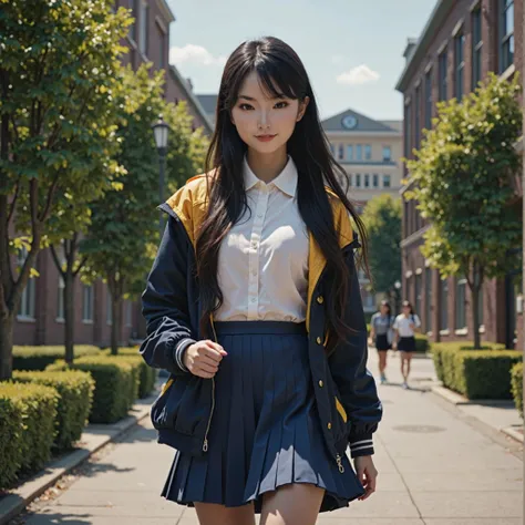 (best quality,4k,8k,highres,masterpiece:1.2),ultra-detailed, Japanese Goddess Amaterasu as a college student, Black hair, white button up top, Blue skirt with yellow accents, Dark blue jacket with yellow accents, walking around college campus, smiling at v...