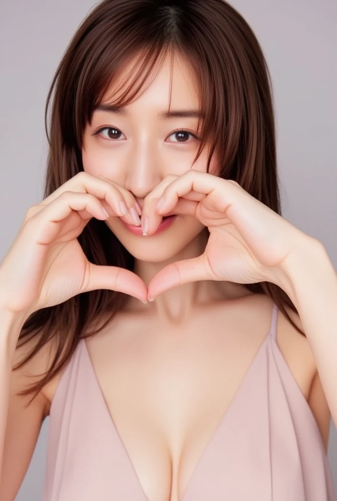 She is in a pose wearing a camisole, making a firm big heart shape with both hands, and holding it in front of her chest, View above collarbone、Throat up for a cute smile、Monotone background

