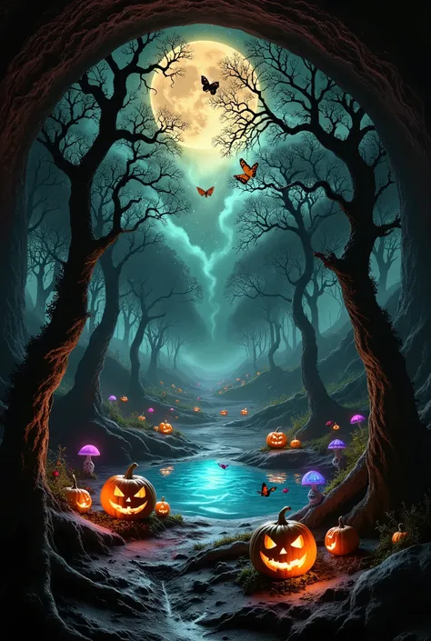 A high-fidelity, ultra-quality fantasy landscape scene reveals a pristine underground forest, teeming with bioluminescent flora and glowing Halloween pumpkins. The forest floor is covered in luminous mushrooms, ferns, and twisted roots that cast a soft, et...