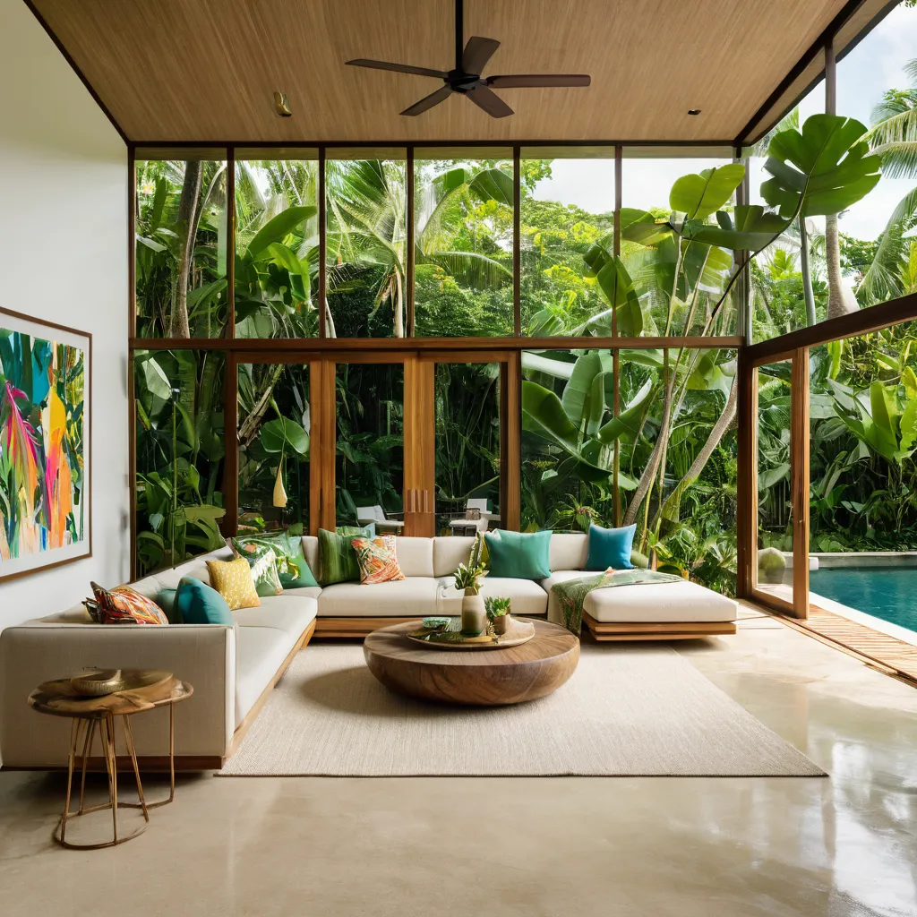 make a luxury jungle beach house, mid century modern inspired style, latin america beach house, living room, neutral colour pall...