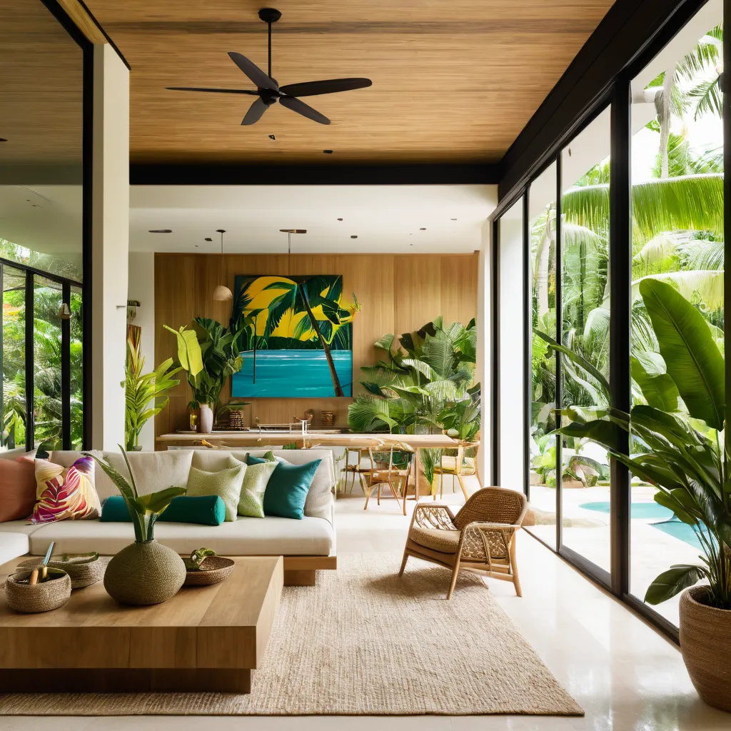 make a luxury jungle beach house, mid century modern inspired style, latin america beach house, living room, neutral colour pall...