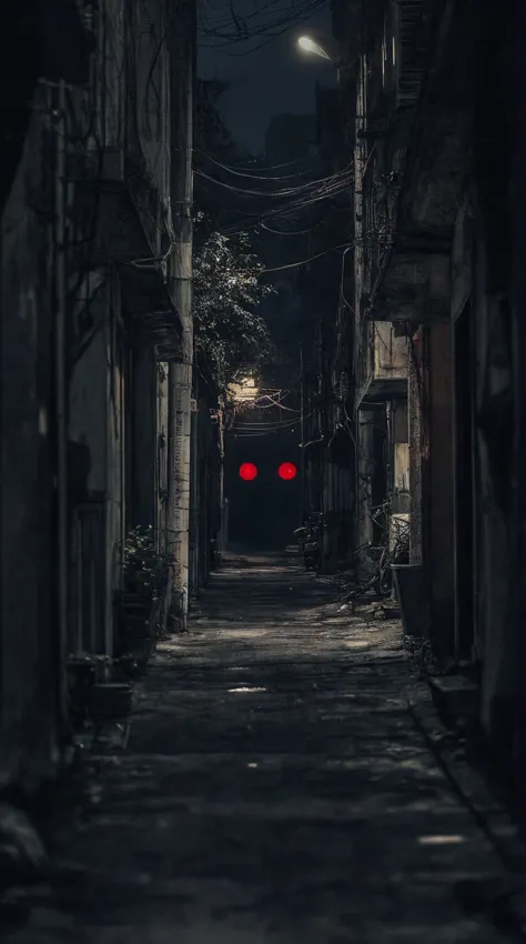 it is night time and you see two small red eyes starting at you at the end of the street. It looks like the red eyes belong to a human but it’s hard to see because it is dark and night time