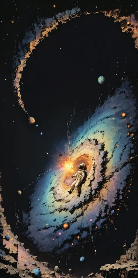 (mysterious:1.3) (alley((spiral, surreal)) in the space galaxy.asteroid. astronaut. BREAK .background(cosmic, space, stars), long shot, long view, BREAK ,quality(8k,wallpaper of extremely detailed CG unit, high resolution, top-quality, top-quality real tex...