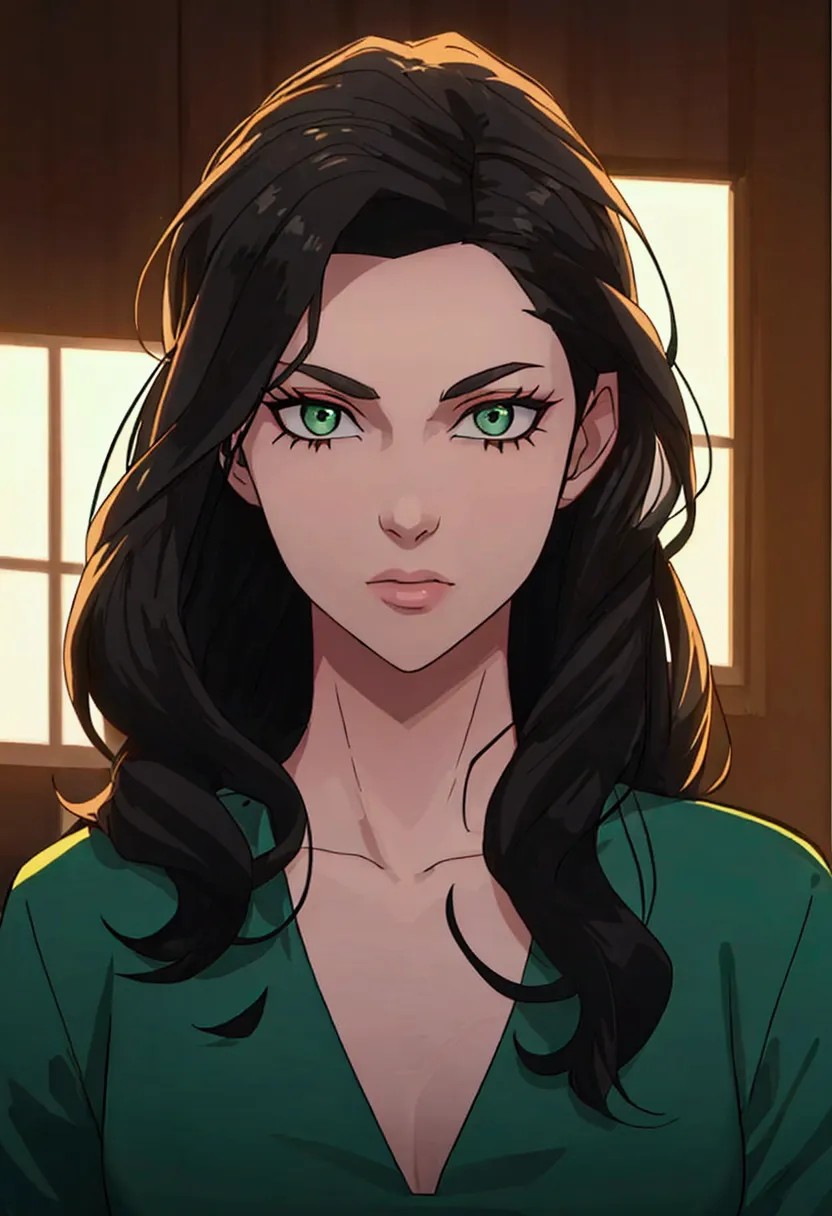 a girl, king, tune, with long black hair and dark green eyes,black shirt